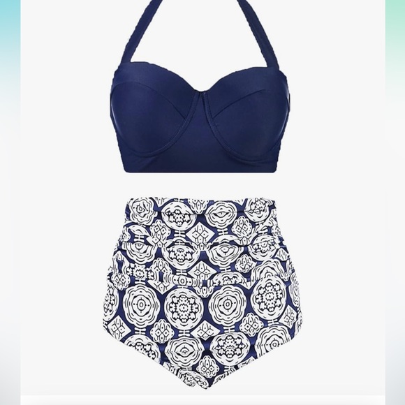 Other - Navy Halter Bikini Top with High-Waist Patterned Bottom
